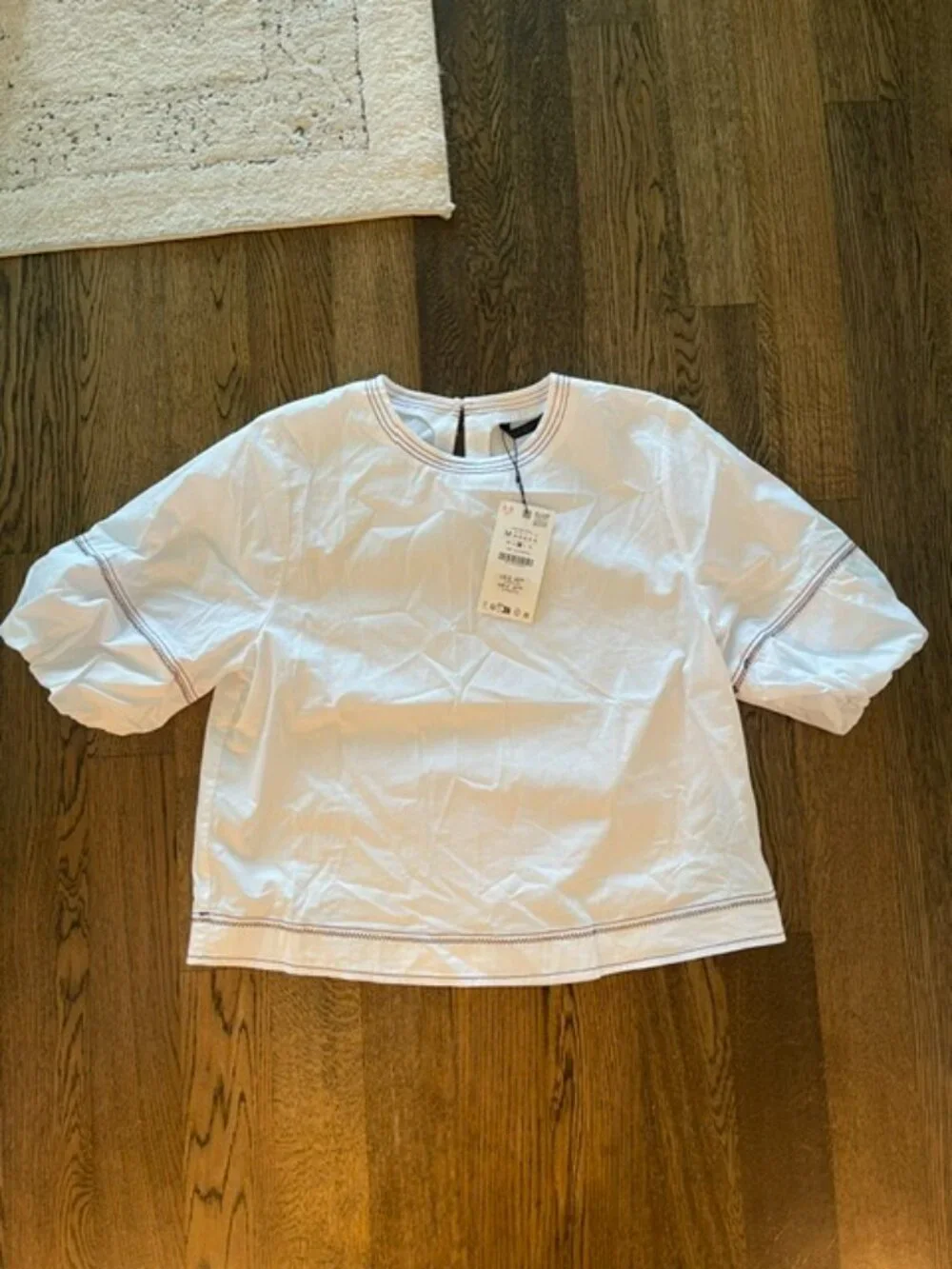 Zara White Cotton Poplin Contrast Topstitch Puff Sleeve Blouse Top Medium NWT